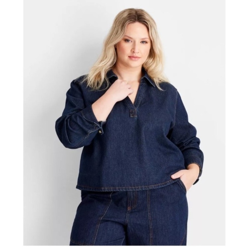 Women’s long sleeve popover denim top , size medium , loose fit, dark wash denim